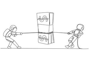 Single continuous line drawing two astronauts fighting over banknotes. Fight for a training scholarship for expedition to the moon. Fight for dreams. Outer space. One line design illustration vector