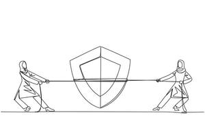 Single one line drawing two Arabian businesswomen fighting over shield. Fierce battle between two competitors to get the protection business. Opportunities. Continuous line design graphic illustration vector