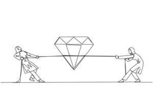 Single continuous line drawing two Arabian businesswomen fighting over diamond. Fight to get results of the hard work that really deserve. The rewards are worth it. One line design illustration vector