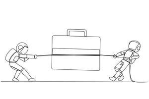 Single one line drawing two astronauts fighting over briefcase. Fighting for quotas for expedition trips to the moon. Cosmonaut deep space. Explore outer space. Continuous line graphic illustration vector