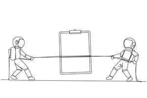 Single one line drawing two astronauts fighting over clipboard. The battle is fierce to get tools that make it easier to make expedition reports. Cosmonaut. Continuous line design graphic illustration vector