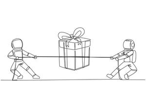 Single continuous line drawing two astronauts fighting over a gift box. A fierce battle to bring souvenirs from the lunar expedition to earth. Cosmonaut deep space. One line design illustration vector