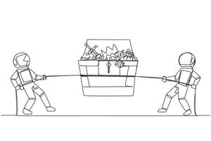 Single one line drawing two astronauts fight over an open treasure chest. Compete for the treasures left behind by the first expedition team on the moon. Continuous line design graphic illustration vector