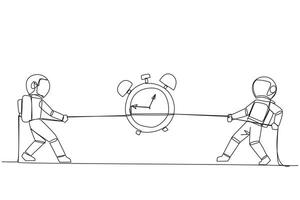 Continuous one line drawing two astronauts fighting over an alarm clock. A fierce battle over the certainty of passing the space expedition exam. Galaxy. Single line draw design illustration vector