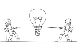 Single continuous line drawing two astronauts fighting over lightbulb. Compete to find solutions to problems faced outer space. Lack of unity. Cosmonaut deep space. One line design illustration vector