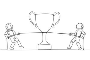 Continuous one line drawing two astronauts fighting for a trophy. Fierce battle to be the first to complete the expedition mission. Heading back to earth. Single line draw design illustration vector