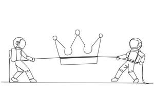 Single one line drawing two astronauts fight for the crown. Compete to become the most skilled cosmonaut on earth. Put aside teamwork. Galaxy space concept. Continuous line design graphic illustration vector
