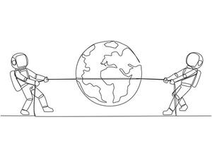 Single one line drawing two astronauts fighting over globe. Tight competition won the schedule for the first return to the earth. Complete expedition tasks. Continuous line design graphic illustration vector