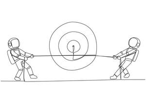 Continuous one line drawing two astronaut fighting over arrow target board. Fierce battle to reach the goal of reaching the moon. Space man galaxy concept. Single line draw design illustration vector