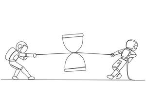 Continuous one line drawing two astronauts fighting over hourglass. Fierce battle completes the expedition's report before flying off into space. Deadline. Single line draw design illustration vector