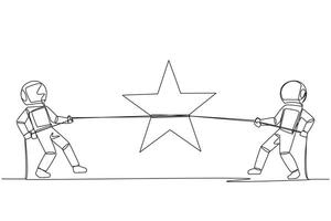 Single one line drawing two astronauts fighting for a star. Competition for dreams. Be the first in line to go on expedition to moon. Cosmonaut deep space. Continuous line design graphic illustration vector