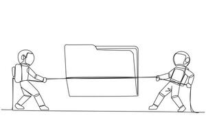 Continuous one line drawing two astronauts fighting over document folder. Competition is fierce to obtain specific information about state of land on Mars. Single line draw design illustration vector