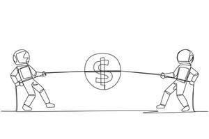 Single continuous line drawing two astronauts fighting over a coin with a dollar symbol. Competition for money. Rare discovery of money on the surface of the moon. One line design illustration vector