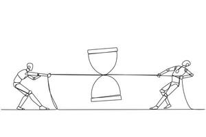 Single one line drawing two smart robots fighting over an hourglass. Beat each other to get the desired time. Time for test run. Future robotic development. Continuous line design graphic illustration vector