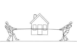 Continuous one line drawing two smart robots fight over a miniature house. Beat each other to get smart home. Complete features. Future robotic development. Single line draw design illustration vector