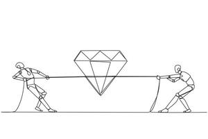 Single one line drawing two smart robots fighting over diamond. Fierce fights over jewelry finds have high resale value. Intelligent. Future technology. Continuous line design graphic illustration vector