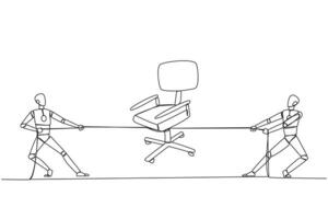 Single continuous line drawing two robots fighting over an office chair. Competition provides the best service for the boss. Training robot sensitivity. Technology. One line design illustration vector