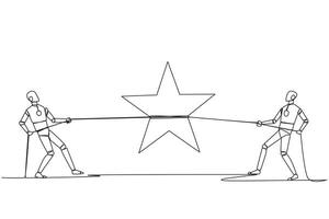 Single continuous line drawing two smart robots fighting for a star. The fierce battle of technology. Trying to achieve very satisfactory rating. Chasing the dream. One line design illustration vector