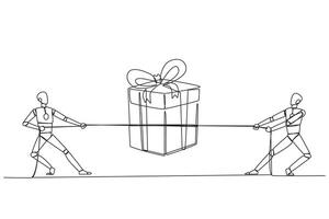 Single one line drawing two robots fighting over a gift box. Fight like a cowboy. Compete with strength and intelligence to win championship prizes. Tech. Continuous line design graphic illustration vector