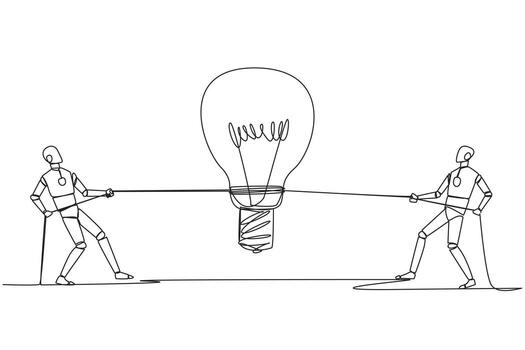 Continuous one line drawing two robots fighting over lightbulb. Fierce competition to find best solution for development of artificial intelligence robots. Single line draw design illustration vector