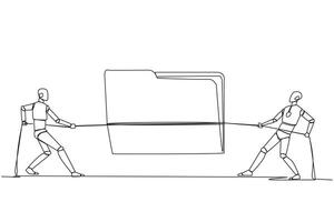 Continuous one line drawing two smart robots fighting over document folder. Fierce battles to scan files suspected of being compromised by viruses. Secure. Single line draw design illustration vector