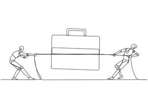 Single continuous line drawing two robots fighting over briefcase. Compete fiercely to increase user trust. The future of sophistication technology for marketing. One line design illustration vector