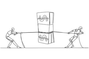 Single continuous line drawing two smart robot fighting over banknotes. Compete for the rights to license advanced technology. Continuous advancement of the future. One line design illustration vector