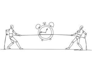 Continuous one line drawing two smart robots fighting over an alarm clock. Competition to get the desired time. Robotic improvisation. Future technology. Single line draw design illustration vector