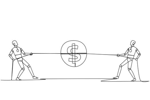 Single one line drawing two robots fighting over a coin with a dollar symbol. Competition for the highest payout for the smartest robots. Future technology. Continuous line design graphic illustration vector