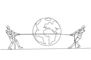 Continuous one line drawing two robots fighting over globe. Fight like a cowboy. Competition to explore the digital world through AI. Future technology. Single line draw design illustration vector