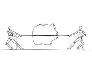Continuous one line drawing two robots fighting over a piggy bank. Competition is fierce to be able to carry out advanced artificial intelligence. Future. Single line draw design illustration vector