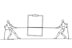 Single continuous line drawing two smart robots fighting over a clipboard. Battle like a cowboy. Compete to write a list of robot development needs. Future tech. One line design illustration vector