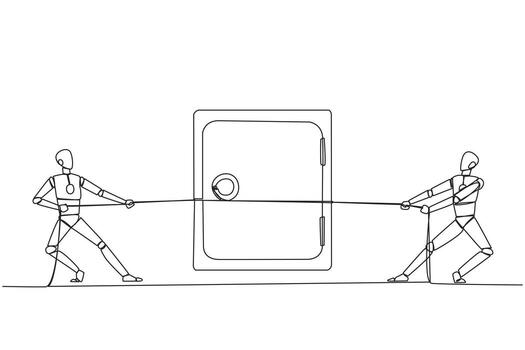 soltero continuo línea dibujo dos robots luchando terminado un seguro depositar caja. competencia para el mejor código para robot desarrollo almacenado en un seguro lugar. futuro tecnología uno línea diseño ilustración vector