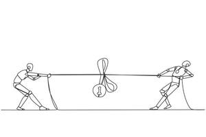 Single continuous line drawing two robots fighting for a medal award. Fight with strength and intelligence like a cowboy. Fight to become the most advanced robot. One line design illustration vector