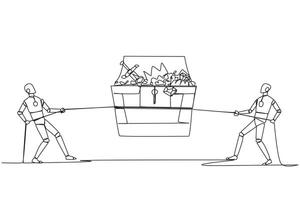 Single one line drawing two robots fight over an open treasure chest. Competition is fierce to find hidden treasures. Set to always win. Future technology. Continuous line design graphic illustration vector