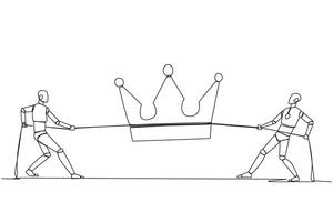 Single one line drawing two robots fight for the crown. Competition to become the greatest robot ever. Artificial intelligence. Future tech development. Continuous line design graphic illustration vector