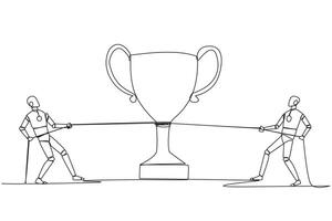 Continuous one line drawing two robots fighting for a trophy. Artificial intelligence makes competition increasingly fierce. Future technology development. Single line draw design illustration vector