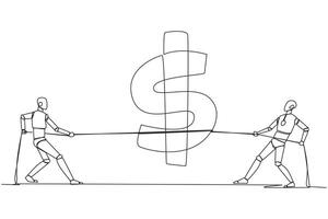 Single one line drawing two robots fighting over dollar symbol. Fighting for profit. Keeping share value high. Future technology development concept. AI. Continuous line design graphic illustration vector