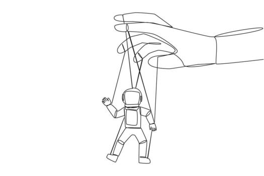Single continuous line drawing astronaut walk by being moved by ropes controlled by a giant hand above. Very weak policy. A helpless astronaut doll. Outer space. One line design illustration vector