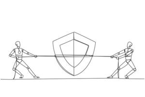 Continuous one line drawing two robots fighting over shield. Competition trains the level of awareness of intruders. Able to protect with intelligence. Single line draw design illustration vector