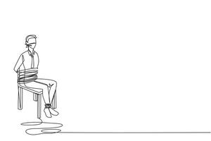 Single one line drawing businessman sat down, body and legs tied to chair. Piling up debts. Frozen accounts and assets. Losses when doing business. Hostage. Continuous line design graphic illustration vector