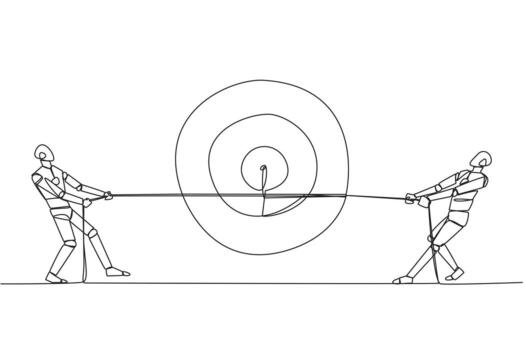Single continuous line drawing two robots fighting over an arrow target board. Fierce competition towards the best goal of becoming the best robot. Future tech. One line design illustration vector