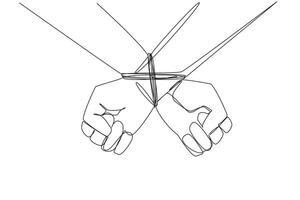 Single continuous line drawing seen from behind, the entrepreneur's hands are tied. Greedy entrepreneur. Committing bribery to control strategic assets. Arrested. One line design illustration vector