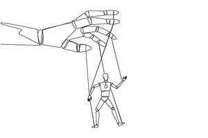 Single one line drawing the robot walks by being moved by ropes controlled by a giant hand above. Doesn't have firm attitude. Technology error. AI concept. Continuous line design graphic illustration vector