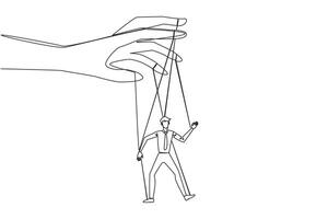 Continuous one line drawing businessman walks by being moved by ropes controlled by a giant hand above. Policies that are never implemented. Like a puppet. Single line draw design illustration vector