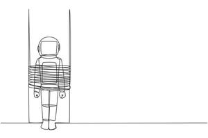 Single continuous line drawing astronaut stands, tied to big column. A fatal mistake has been made. Divulging the secrets of an expedition mission to outer space. One line design illustration vector