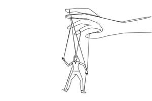 Single continuous line drawing businesswoman walks by being moved by ropes controlled by a giant hand above. Manipulative actions to gain a lot of profit. Greedy. One line design illustration vector