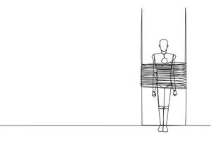 Continuous one line drawing the robot stands, its body tied to a large column. Technical error in providing code. Expressing great anger. Detained. Tech. Single line draw design illustration vector