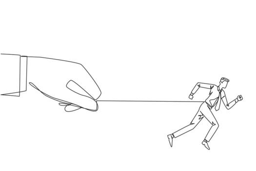soltero continuo línea dibujo empresario carreras pero estómago es atado. retenida y revisado por un grande mano detrás. negocio no puedo crecer. siendo en difícil posición. uno línea diseño ilustración vector