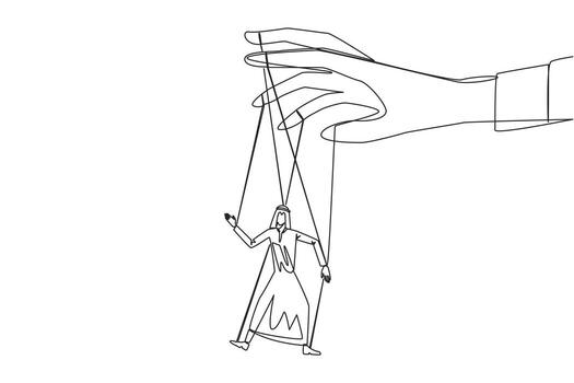 Single one line drawing Arab businessman walks by being moved by ropes controlled by a giant hand above. Like a puppet. Cannot have big impact on business. Continuous line design graphic illustration vector